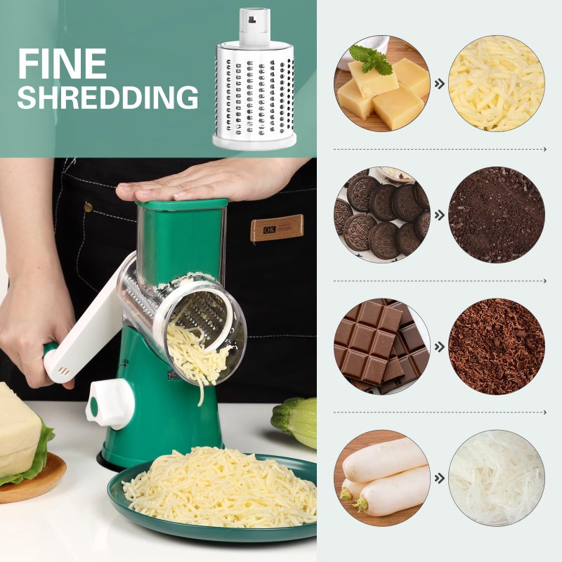 Cambom Rotary Cheese Grater Hand Crank Cheese Shredder for Fresh Cheese, Vegetable, Nuts,Non-slip Suction Base, Free Cleaning Brush Three Blades, Deep Green - Image 4