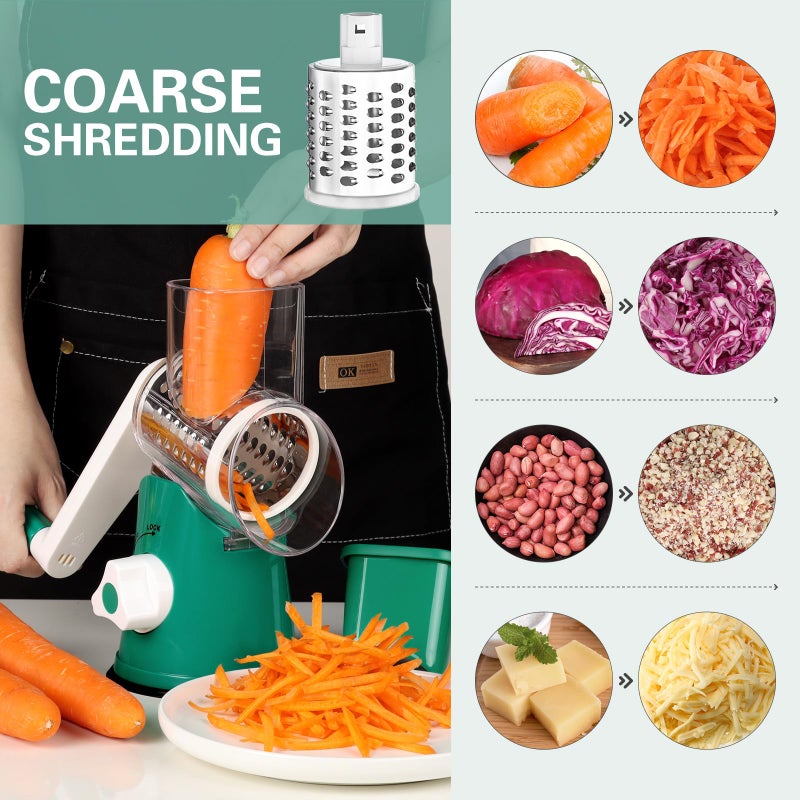 Cambom Rotary Cheese Grater Hand Crank Cheese Shredder for Fresh Cheese, Vegetable, Nuts,Non-slip Suction Base, Free Cleaning Brush Three Blades, Deep Green - Image 2