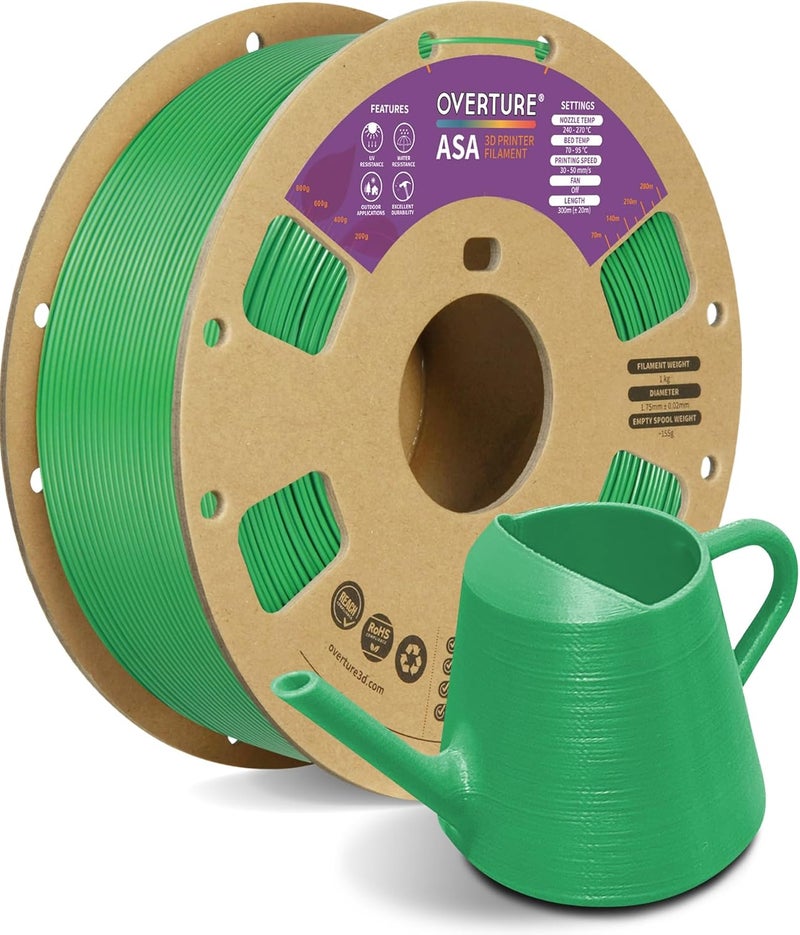 OVERTURE ASA Filament 1.75mm, 1kg Spool (2.2lbs) 3D Printer Filament, Premium Anti-UV, ASA Filament Perfect for Printing Outdoor Functional Parts, Dimensional Accuracy +/- 0.02 mm (Green) - Image 1