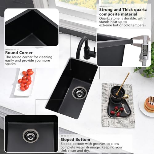 VASOYO 10 Inch Black Bar Sink Undermount-VASOYO 10x18 Quartz Small Kitchen Sink Single Bowl Outdoor Rv Sinks Wet Bar Basin with Bottom Grid - Image 5
