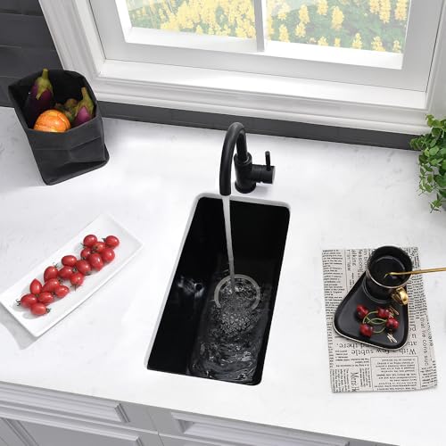 VASOYO 10 Inch Black Bar Sink Undermount-VASOYO 10x18 Quartz Small Kitchen Sink Single Bowl Outdoor Rv Sinks Wet Bar Basin with Bottom Grid - Image 2