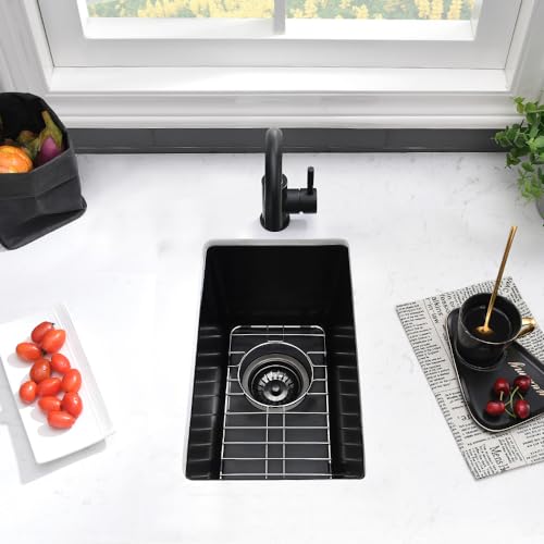 VASOYO 10 Inch Black Bar Sink Undermount-VASOYO 10x18 Quartz Small Kitchen Sink Single Bowl Outdoor Rv Sinks Wet Bar Basin with Bottom Grid - Image 3