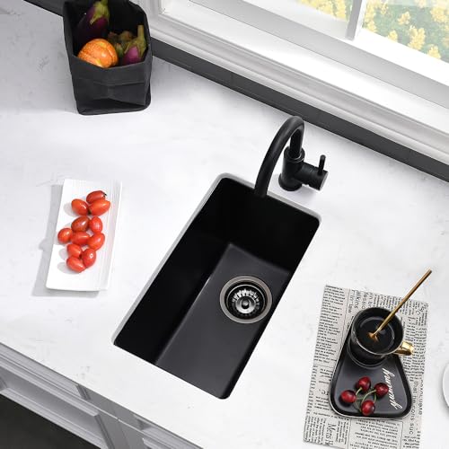 VASOYO 10 Inch Black Bar Sink Undermount-VASOYO 10x18 Quartz Small Kitchen Sink Single Bowl Outdoor Rv Sinks Wet Bar Basin with Bottom Grid - Image 4