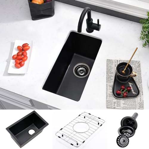 VASOYO 10 Inch Black Bar Sink Undermount-VASOYO 10x18 Quartz Small Kitchen Sink Single Bowl Outdoor Rv Sinks Wet Bar Basin with Bottom Grid - Image 1