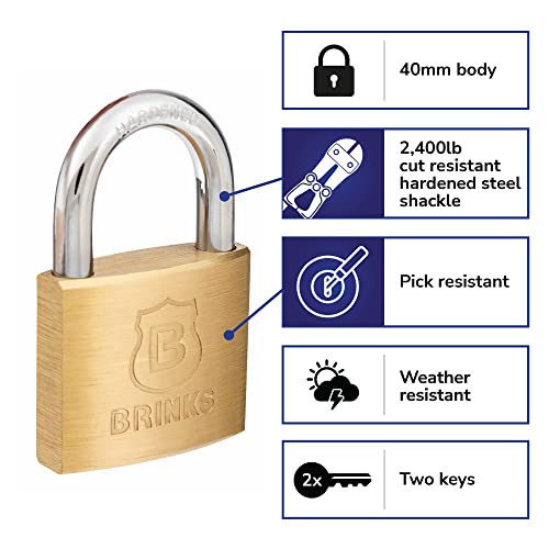 BRINKS - 40mm Solid Brass Keyed Padlock with 7/8” Shackle Clearance - Chrome Plated With Hardened Steel Shackle - Image 2
