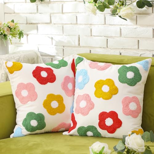 FuWeave Set of 2 Spring Pillow Covers 18 x 18 Daisy Floral Pillow Covers Embroidered Outdoor Pillowcase Decorative Flower Throw Pillowcase for Couch Sofa Bedroom Summer Spring Gifts - Image 1
