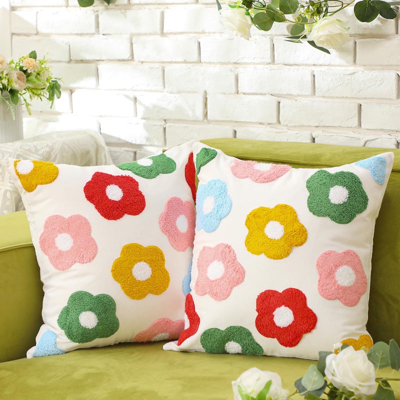 FuWeave Set of 2 Spring Pillow Covers 18 x 18 Daisy Floral Pillow Covers Embroidered Outdoor Pillowcase Decorative Flower Throw Pillowcase for Couch Sofa Bedroom Summer Spring Gifts - Image 2