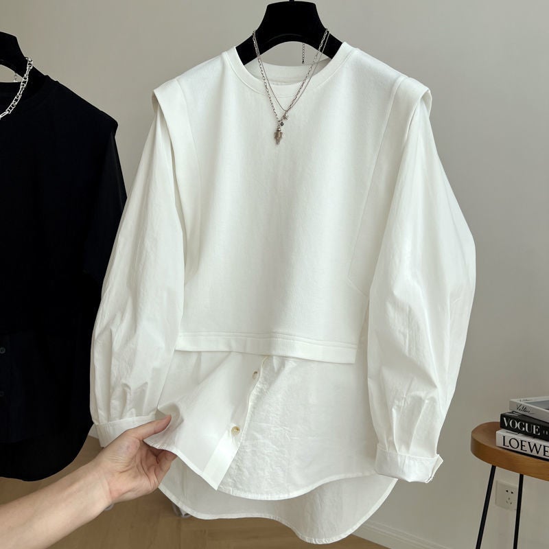 Plus Size 300kg French Design Splice Long Sleeve Womens Loose Babydoll Shirt White - Image 1