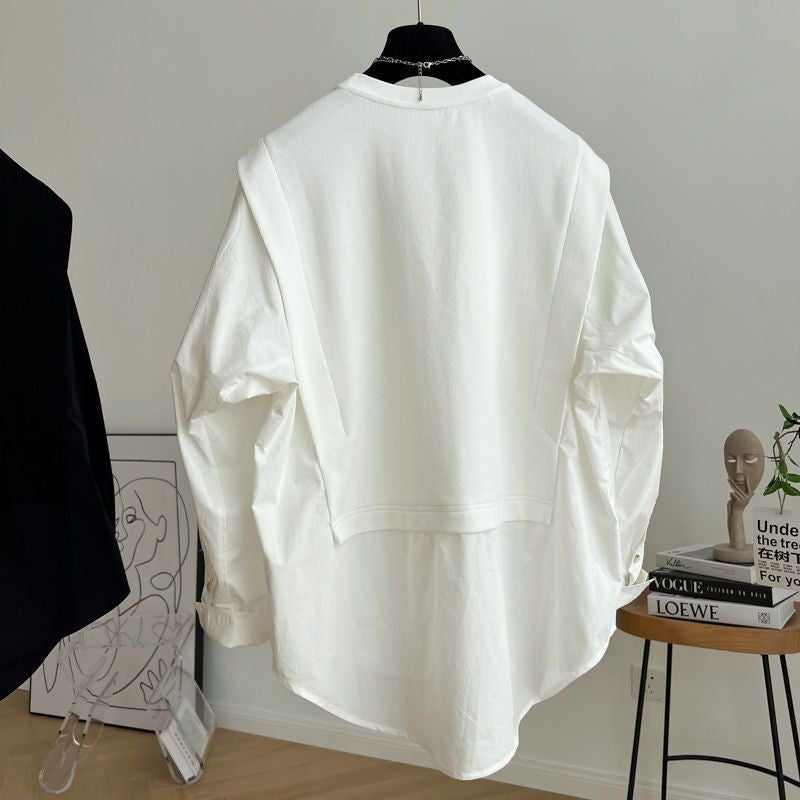 Plus Size 300kg French Design Splice Long Sleeve Womens Loose Babydoll Shirt White - Image 4