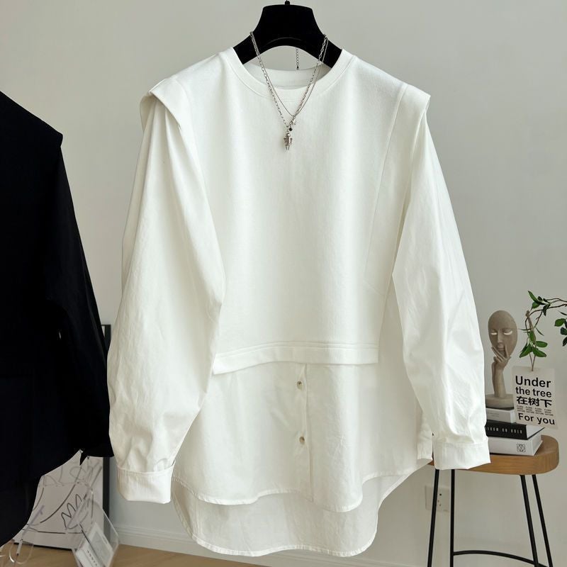 Plus Size 300kg French Design Splice Long Sleeve Womens Loose Babydoll Shirt White - Image 3