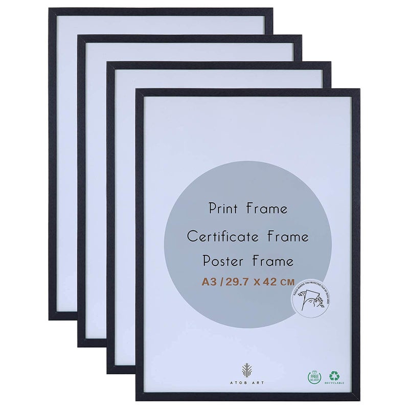 A3 Photo Picture Frame  297 x 42 CM Black Wood Certificate Frames with Perspex Glass for Wall Display Horizontally or Vertically in Living Room Bedroom Gallery Set of 4