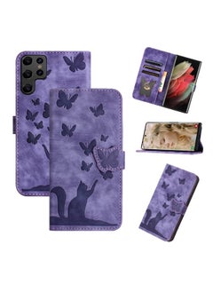 Zaboon For Samsung Galaxy S25 Ultra 5G Butterfly Cat Embossing Flip Leather Phone Case(Purple) 