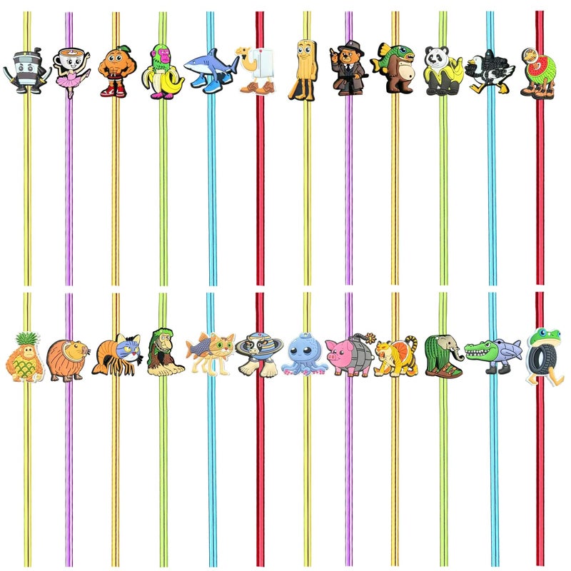 GREAWOD Italian Brainrot Reusable Drinking Straws, 24-Pack â€” Assorted Colors with Meme-Style Character Designs, Party Favors & Novelty Drinkware, Spiral & Straight Options (Straight) - Image 1