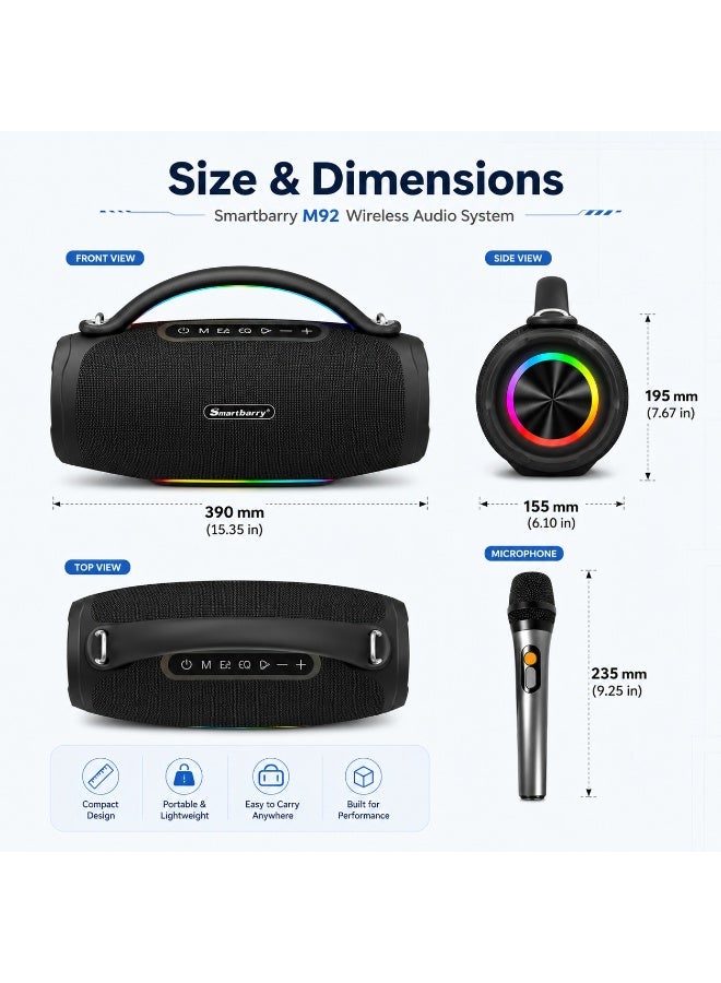 Smartbarry M92 Portable Wireless Bluetooth Speaker with Dual Wireless Microphones, 120W High Power Sound, RGB LED Lights, Deep Bass, USB AUX TF Card Support, Rechargeable Karaoke Party Speaker, Black - Image 2