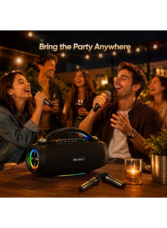 Smartbarry M92 Portable Wireless Bluetooth Speaker with Dual Wireless Microphones, 120W High Power Sound, RGB LED Lights, Deep Bass, USB AUX TF Card Support, Rechargeable Karaoke Party Speaker, Black - Image 3