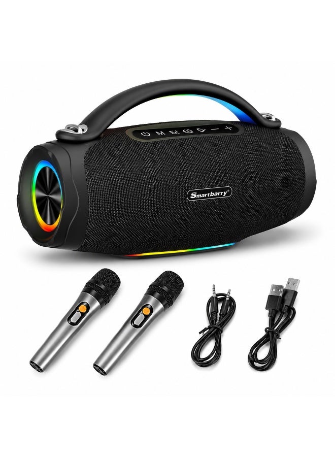 Smartbarry M92 Portable Wireless Bluetooth Speaker with Dual Wireless Microphones, 120W High Power Sound, RGB LED Lights, Deep Bass, USB AUX TF Card Support, Rechargeable Karaoke Party Speaker, Black - Image 1