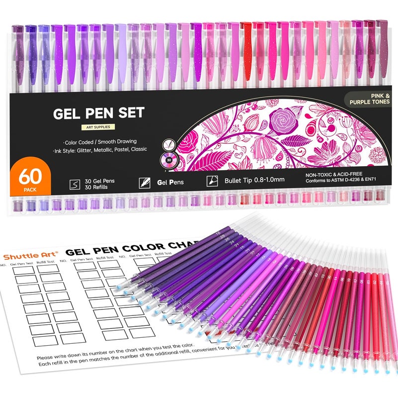 Shuttle Art 60 Pack Tone Pink Purple Gel Pens with 30 Refills for Adults Coloring Books Journaling Drawing Nature Landscapes Animals Scenes - Image 2