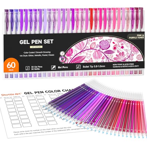 Shuttle Art 60 Pack Tone Pink Purple Gel Pens with 30 Refills for Adults Coloring Books Journaling Drawing Nature Landscapes Animals Scenes - Image 1