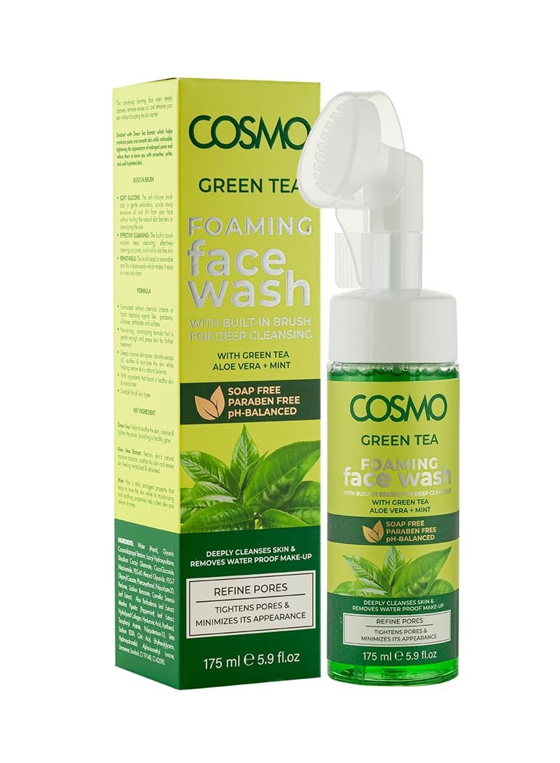 COSMO غسول وجه رغوي من CD COSMO DESIGNS بالشاي الأخضر 175 مل، مع فرشاة مدمجة لتنظيف عميق، خالي من البارابين، يشد المسام ويقلل من مظهرها، للاستخدام اليومي