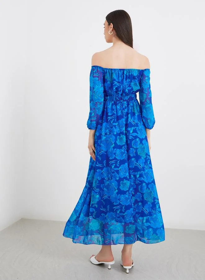 تايك تو Take Two Off Shoulder Floral Print A-Line Maxi Dress