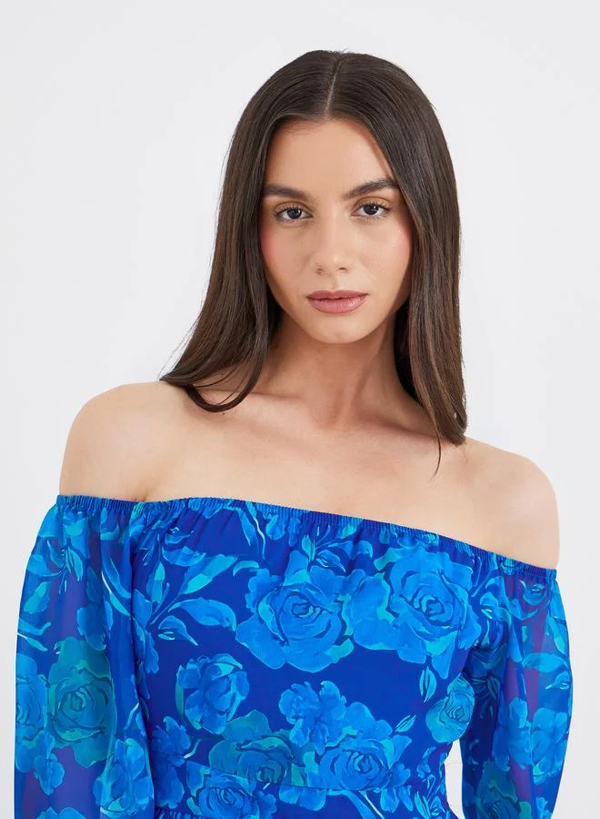 تايك تو Take Two Off Shoulder Floral Print A-Line Maxi Dress