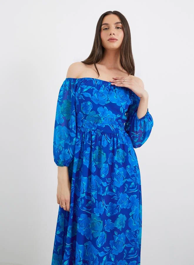تايك تو Take Two Off Shoulder Floral Print A-Line Maxi Dress