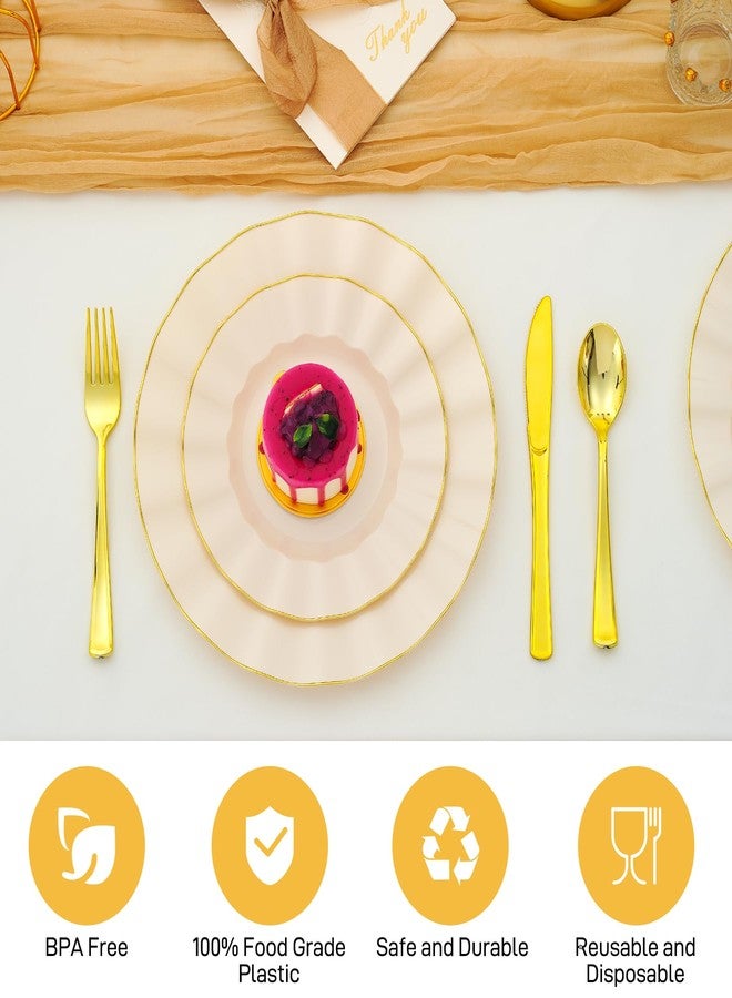 ISFANGCO 60Pcs Heavy Weight Ivory Plastic Plates with Gold Trim, Heavy Duty Wedding Plates, Elegant Disposable Plate Sets include 30 10" Dinner & 30 7" Dessert Plates for Party & Wedding(30 Guests) - Image 4