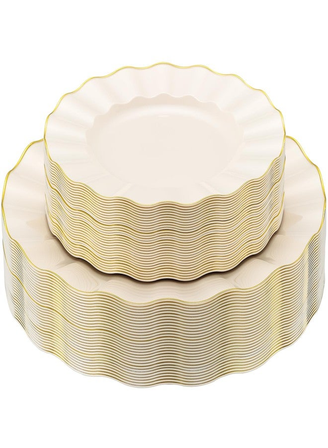 ISFANGCO 60Pcs Heavy Weight Ivory Plastic Plates with Gold Trim, Heavy Duty Wedding Plates, Elegant Disposable Plate Sets include 30 10" Dinner & 30 7" Dessert Plates for Party & Wedding(30 Guests) - Image 1