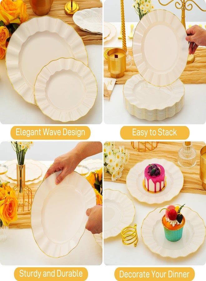 ISFANGCO 60Pcs Heavy Weight Ivory Plastic Plates with Gold Trim, Heavy Duty Wedding Plates, Elegant Disposable Plate Sets include 30 10" Dinner & 30 7" Dessert Plates for Party & Wedding(30 Guests) - Image 3