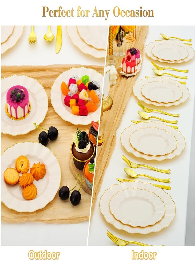 ISFANGCO 60Pcs Heavy Weight Ivory Plastic Plates with Gold Trim, Heavy Duty Wedding Plates, Elegant Disposable Plate Sets include 30 10" Dinner & 30 7" Dessert Plates for Party & Wedding(30 Guests) - Image 5