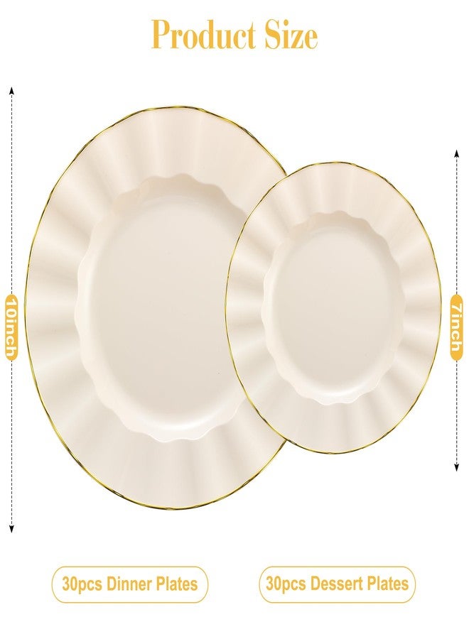 ISFANGCO 60Pcs Heavy Weight Ivory Plastic Plates with Gold Trim, Heavy Duty Wedding Plates, Elegant Disposable Plate Sets include 30 10" Dinner & 30 7" Dessert Plates for Party & Wedding(30 Guests) - Image 2