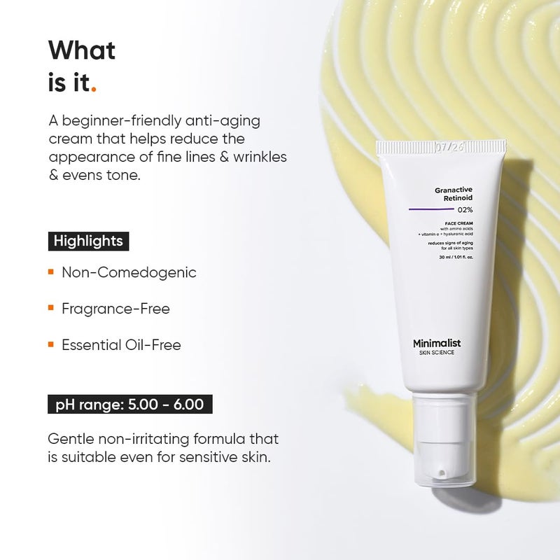 Minimalist Granactive Retinoid 2% Anti Aging Night Cream | Reduces Wrinkles & Fine Lines | Improves Skin Elasticity, Stimulates Collagen Production for Radiant & Glowing Skin | 1 Fl Oz / 30 ml - Image 2