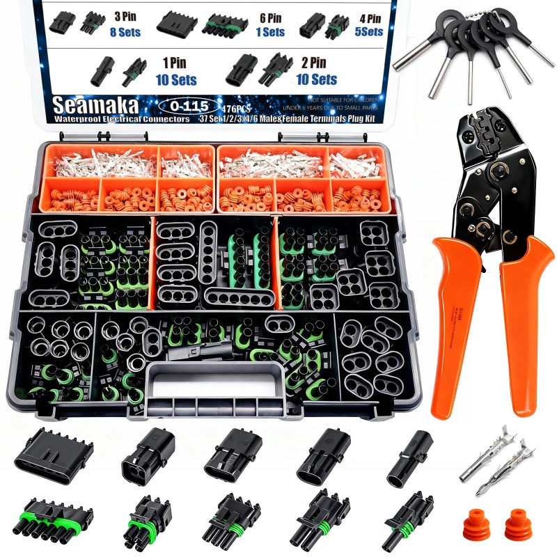 Seamaka 476Pcs 37 Kits Waterproof Automotive Electrical Connectors 12346 MaleFemale Automotive Replacement Electrical Accessories 2214AWG with Ratchet Crimping Tool - Image 3