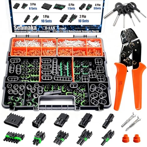 Seamaka 476Pcs 37 Kits Waterproof Automotive Electrical Connectors 12346 MaleFemale Automotive Replacement Electrical Accessories 2214AWG with Ratchet Crimping Tool - Image 1