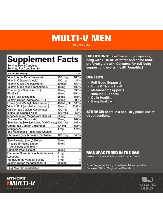 MTN OPS MTN OPS Multi-V Mens Multivitamin Vegetarian Capsules, Essential Daily Vitamin Complex, 60 Capsules, 30 Day Supply  - Image 2