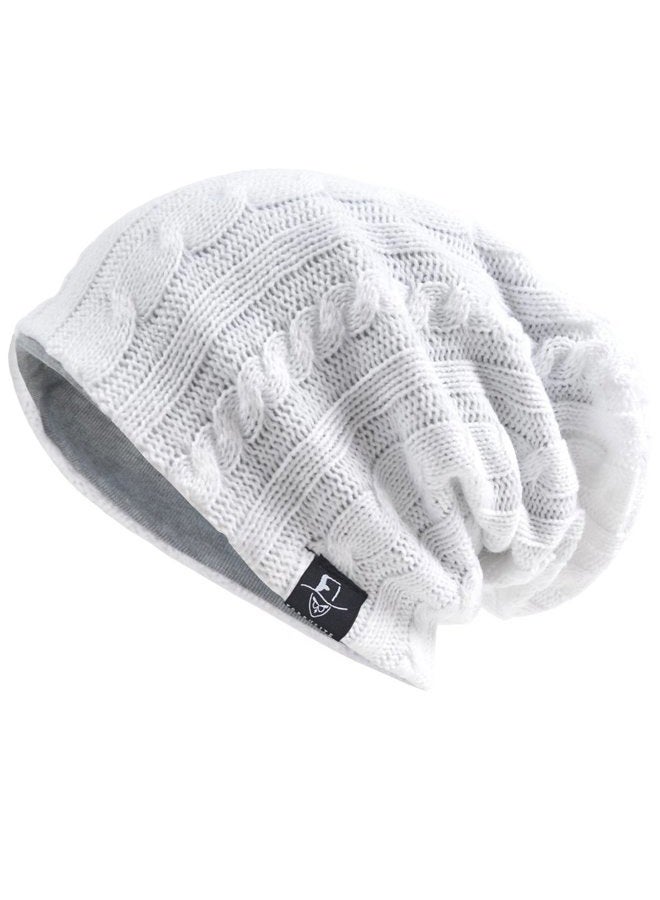 VECRY Men's Slouch Beanie Skull Cap Long Baggy Hip-Hop Winter Summer Hat (Cable-White), Cable-white, L - Image 1
