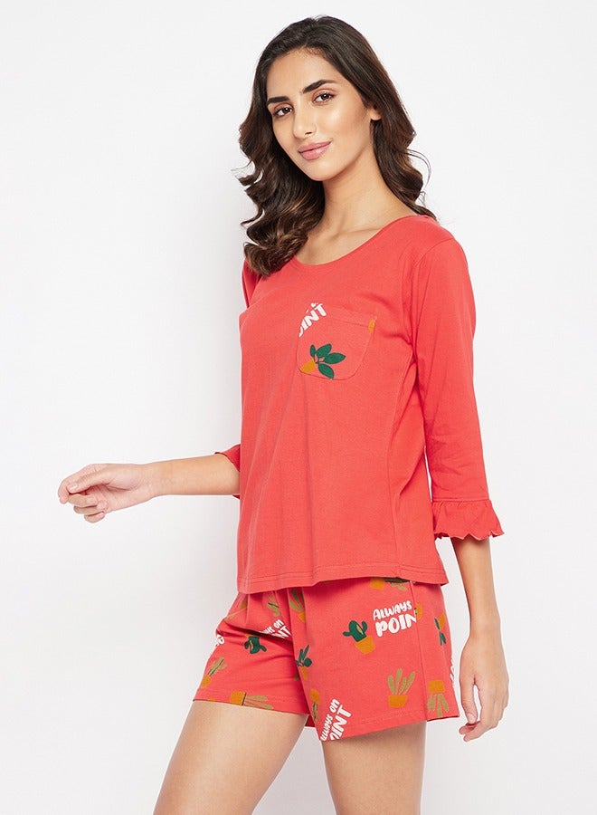 Clovia Chic Basic Top & Printed Shorts Set in Red - 100% Cotton - Image 4