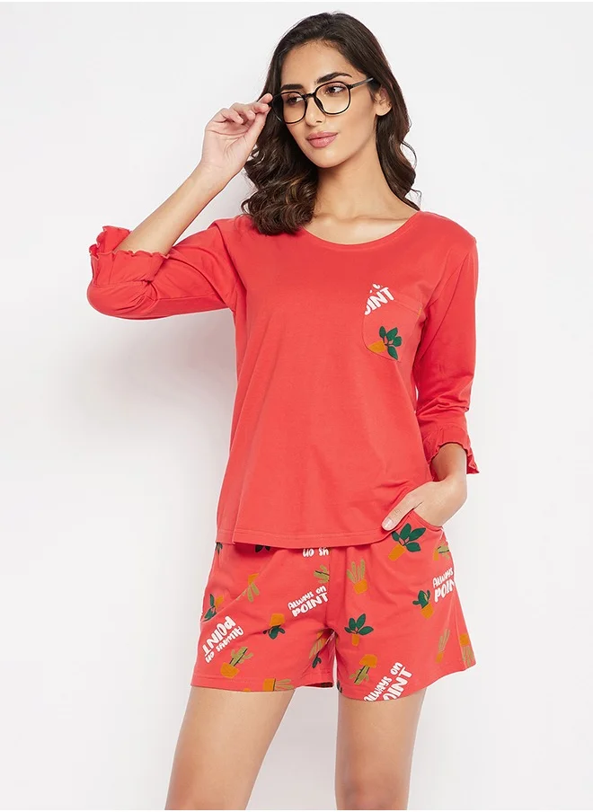 Clovia Clovia Chic Basic Top & Printed Shorts Set in Red - 100% Cotton