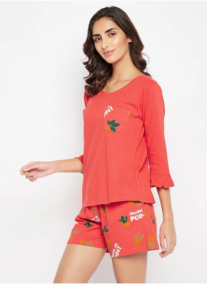 Clovia Clovia Chic Basic Top & Printed Shorts Set in Red - 100% Cotton