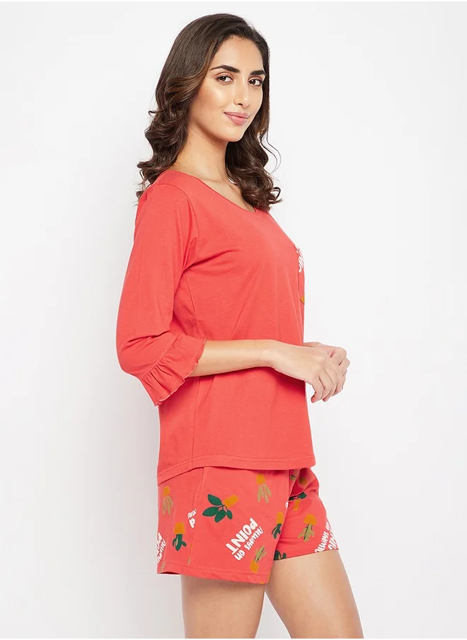 Clovia Clovia Chic Basic Top & Printed Shorts Set in Red - 100% Cotton
