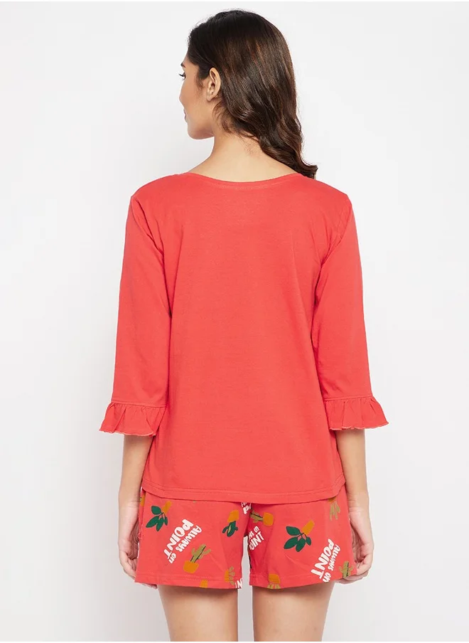 Clovia Clovia Chic Basic Top & Printed Shorts Set in Red - 100% Cotton