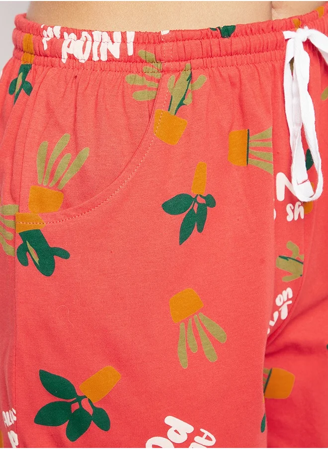 Clovia Clovia Chic Basic Top & Printed Shorts Set in Red - 100% Cotton