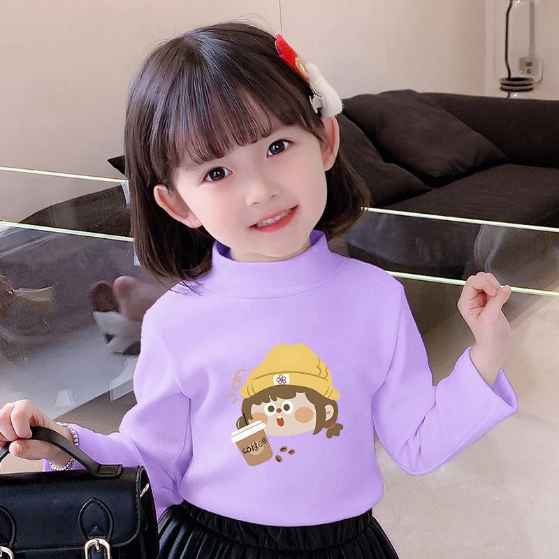 Girls' Semi-High Collar Velvet Casual Long-Sleeved T-Shirt Autumn New Arrival Medium And Large Children'S Wear Cartoon Printed Western Style Girls' T-Shirt - Image 1