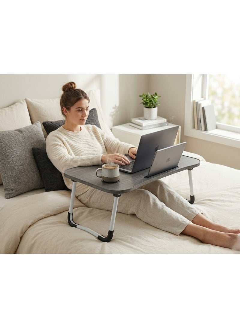 طاولة (ترابيزة) لاب توب وسرير خشبية قابلة للطي مع حامل أكواب ومكان للتابلت بتصميم مانع للانزلاق للعمل والمذاكرة - رمادي داكن - Image 3