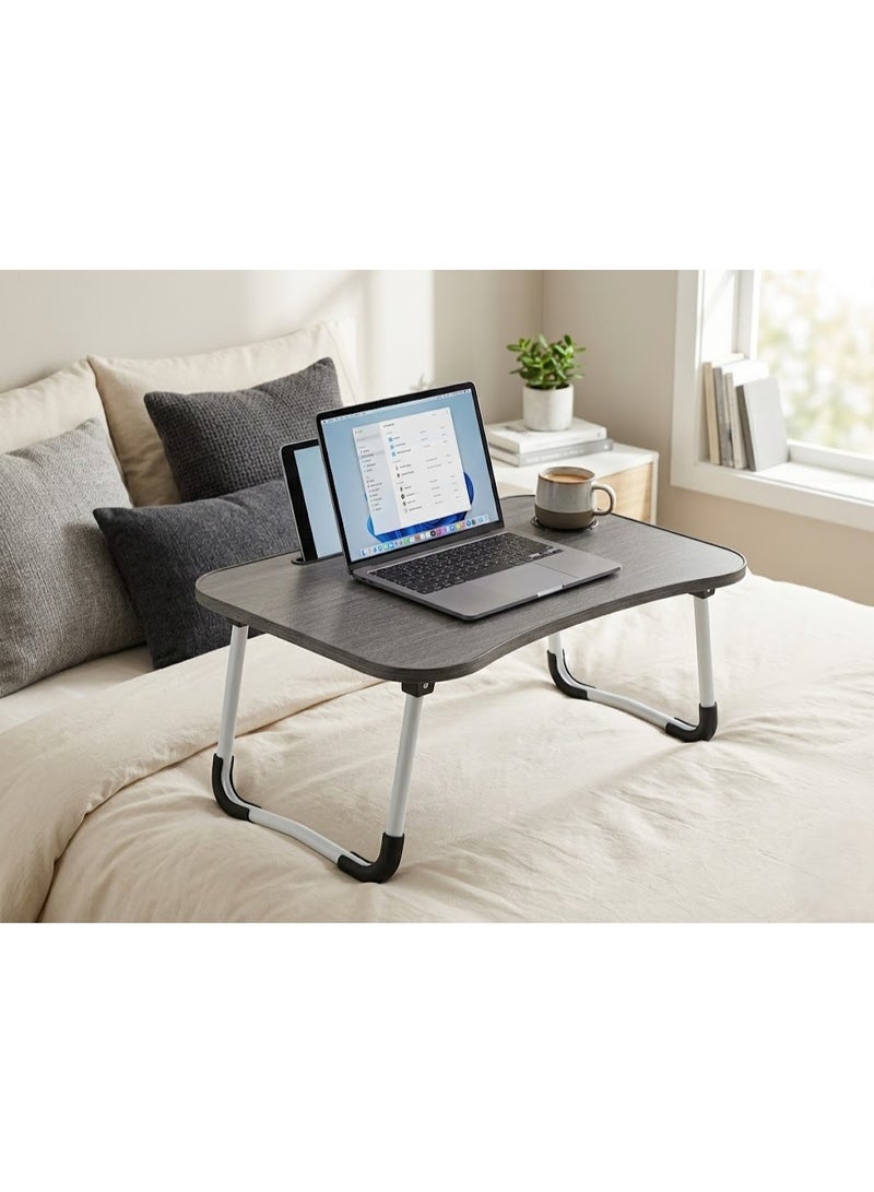 طاولة (ترابيزة) لاب توب وسرير خشبية قابلة للطي مع حامل أكواب ومكان للتابلت بتصميم مانع للانزلاق للعمل والمذاكرة - رمادي داكن - Image 2