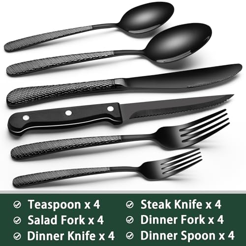 EWFEN Black Hammered Silverware Set with Steak Knives, 24-Piece Stainless Steel Heavy Duty Flatware Set for 4, Food-Grade Tableware Cutlery Set, Utensil Sets for Home Restaurant, Mirror Finish - Image 2
