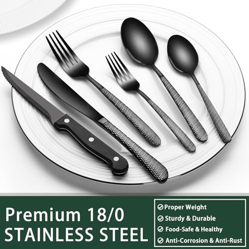 EWFEN Black Hammered Silverware Set with Steak Knives, 24-Piece Stainless Steel Heavy Duty Flatware Set for 4, Food-Grade Tableware Cutlery Set, Utensil Sets for Home Restaurant, Mirror Finish - Image 5