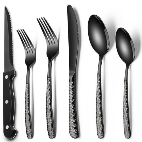 EWFEN Black Hammered Silverware Set with Steak Knives, 24-Piece Stainless Steel Heavy Duty Flatware Set for 4, Food-Grade Tableware Cutlery Set, Utensil Sets for Home Restaurant, Mirror Finish - Image 1