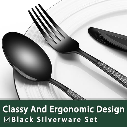 EWFEN Black Hammered Silverware Set with Steak Knives, 24-Piece Stainless Steel Heavy Duty Flatware Set for 4, Food-Grade Tableware Cutlery Set, Utensil Sets for Home Restaurant, Mirror Finish - Image 3