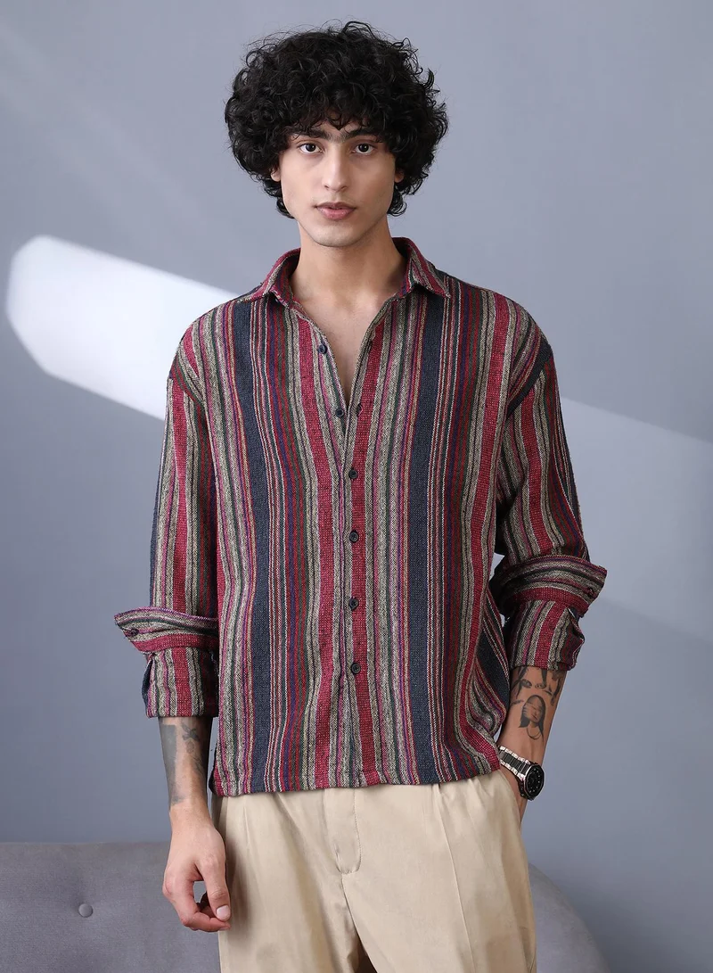 Men's Raspberry Red & Indigo Blue Multitrack-Striped Woven Shirt